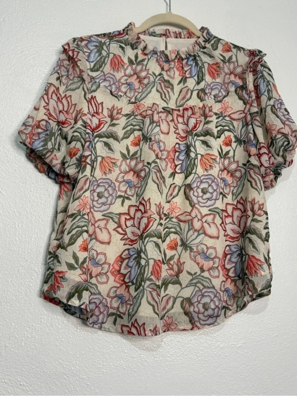 Loft Floral Ruffle-Neck Puff Sleeve Top - Cream Multi. Sz MP.
